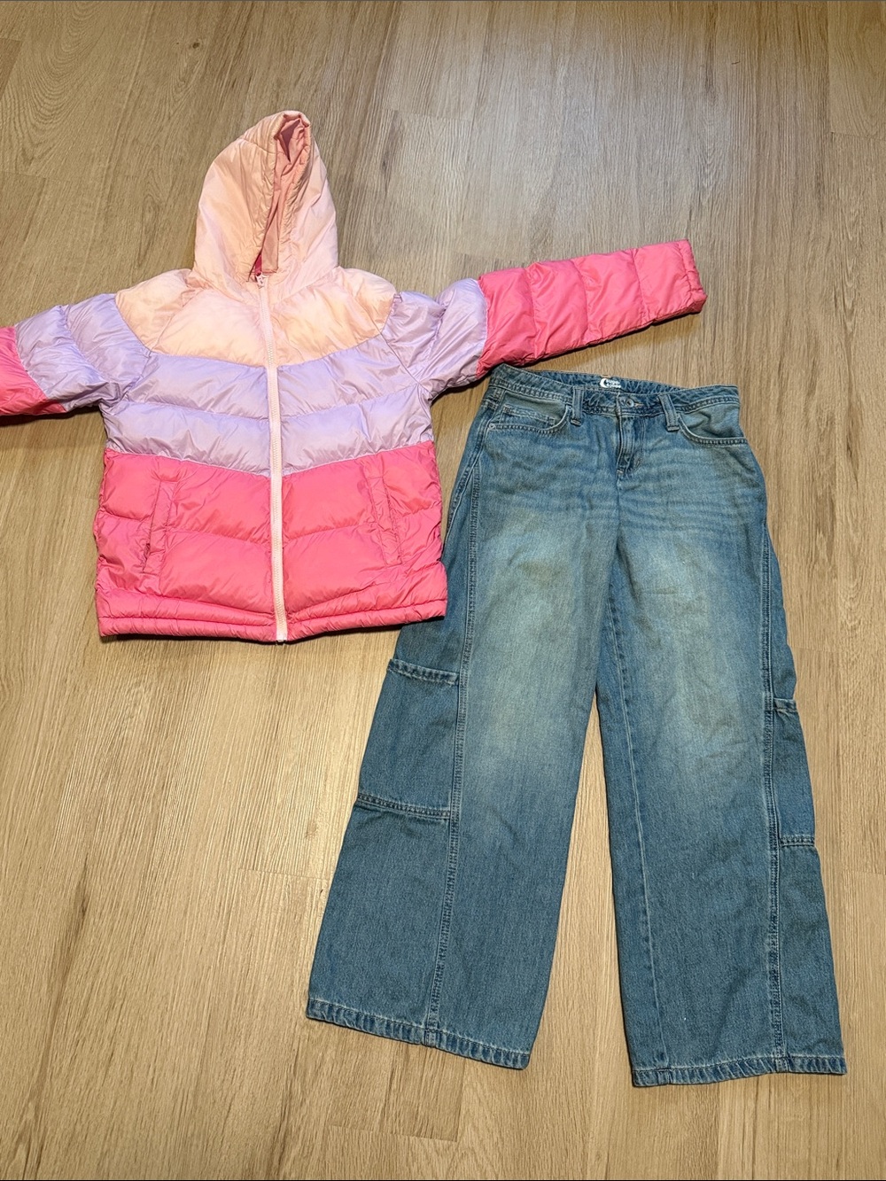 Kids Colorblock Hooded Puffer Jacket - Pink & Lavender and Cargo Jeans